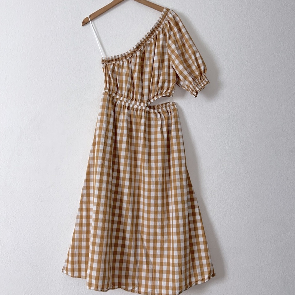Who What Wear Honey Mustard Gingham One Shoulder Dress Size M